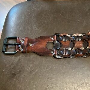 Braided genuine leather two tone brown thick belt. 3” wide at widest, 2” other